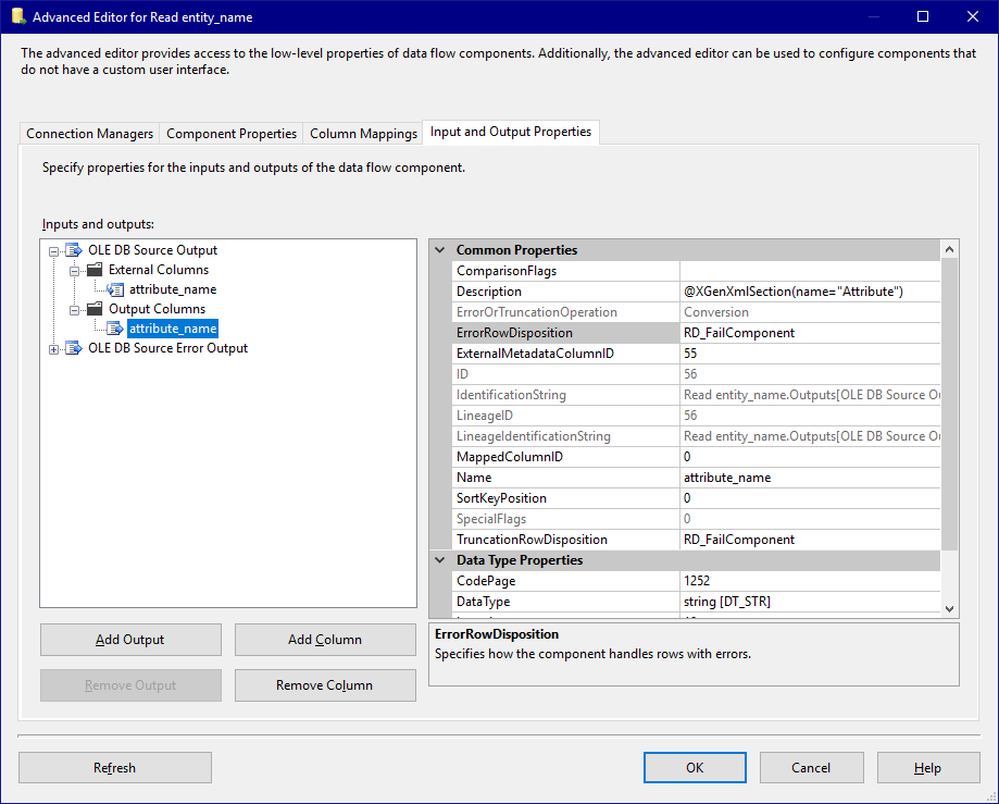 Template Source Input and Output Properties - Output Columns