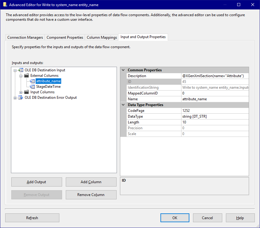 Template Destination Input and Output Properties - External Columns